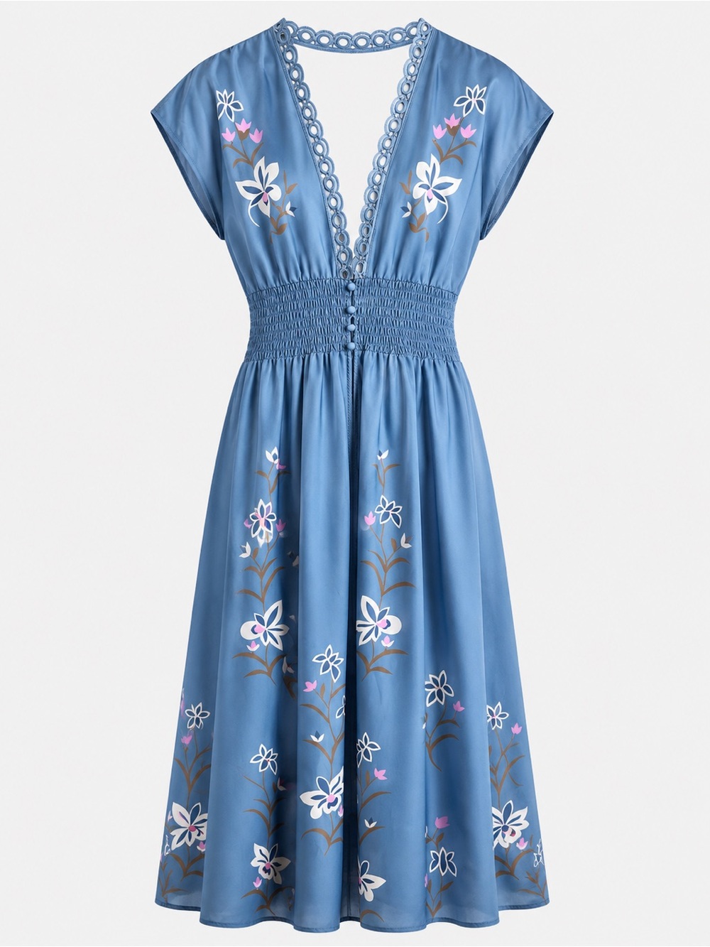 NWT Kinikiss Blue Floral Maxi Dress Womens S Boho Smocked Waist Lightweight